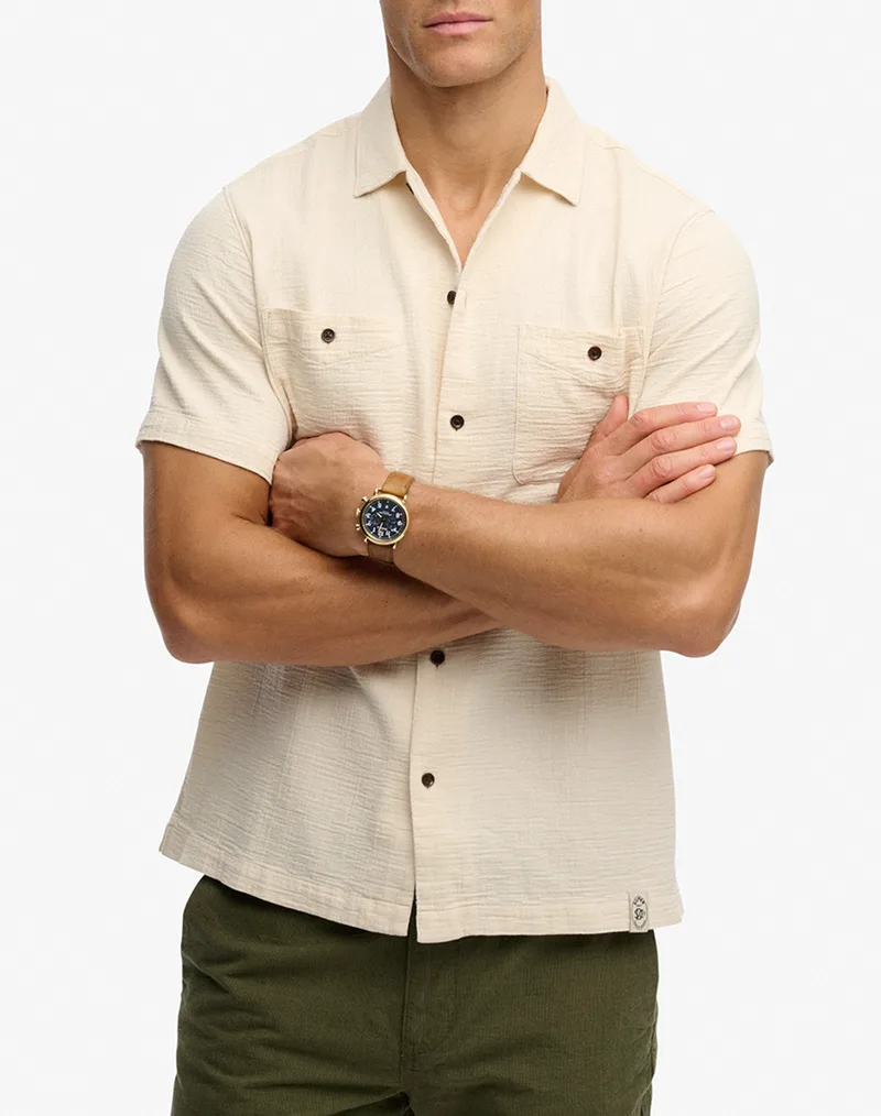 SUPERDRY D2 STUD MERCHANT TEXTURED S/S SHIRT ΠΟΥΚΑΜΙΣΟ ΑΝΔΡΙΚΟ M4011123A-1LG Biege