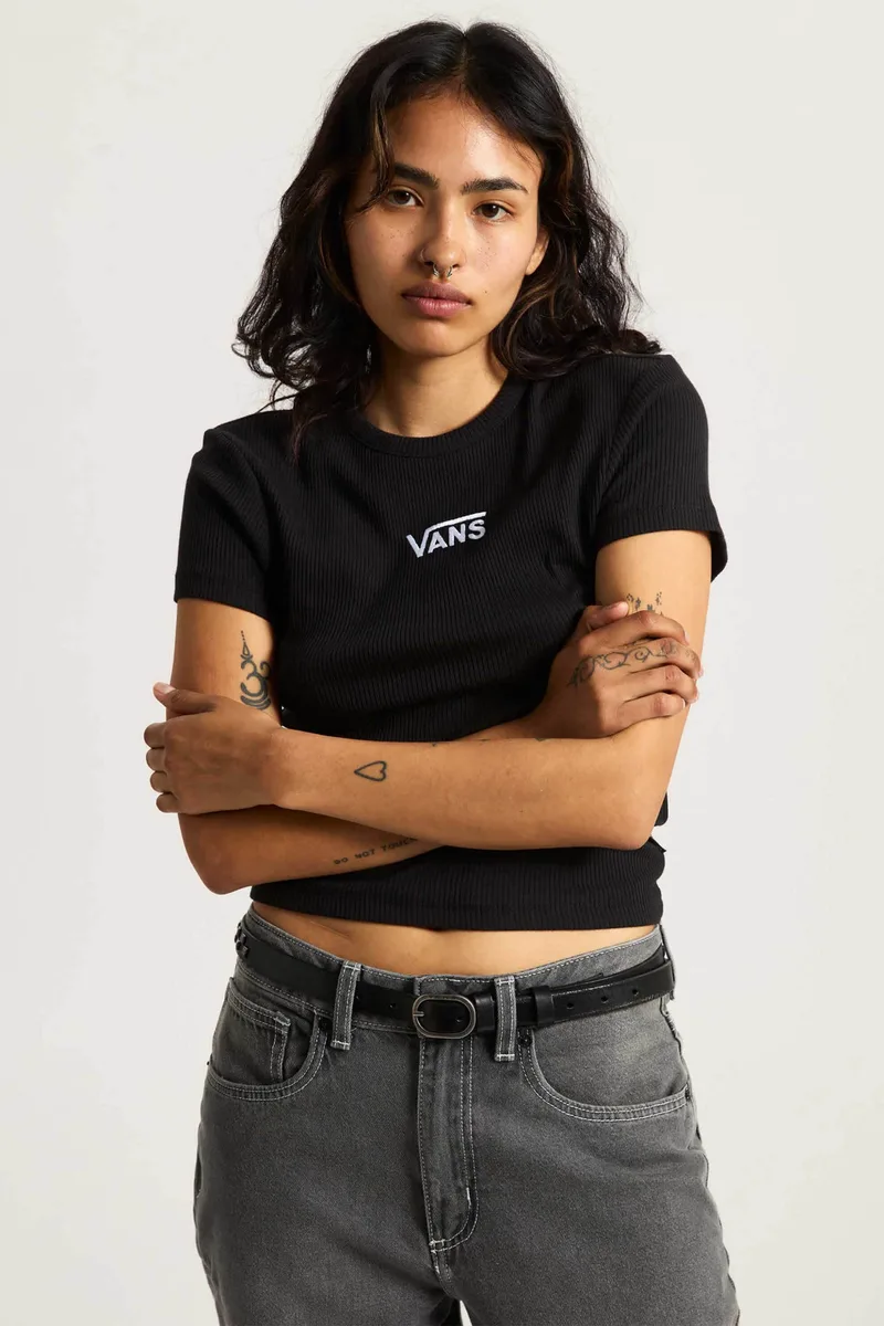 Vans γυναικείο T-shirt ribbed με κεντημένο λογότυπο Slim Fit "Cameron" - VN000RD1BLK1 Μαύρο