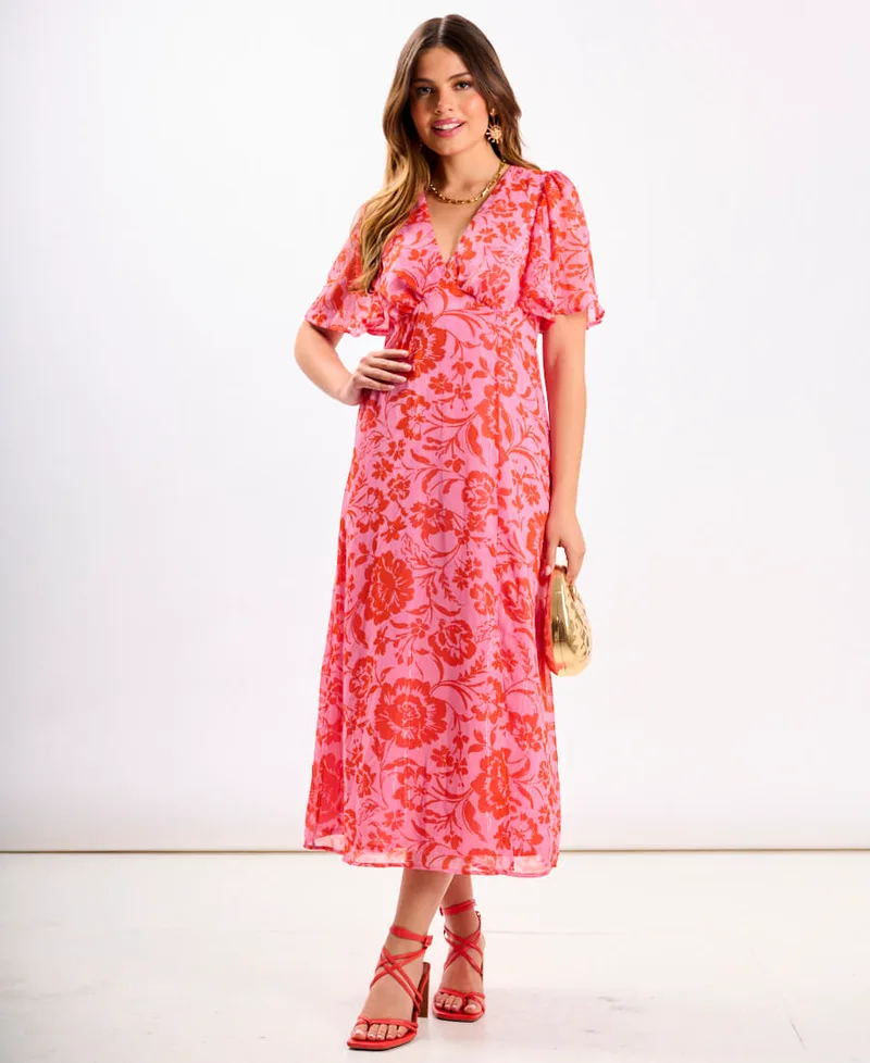 Pink Floral Chiffon Flutter Sleeve Midi | Size: 8
