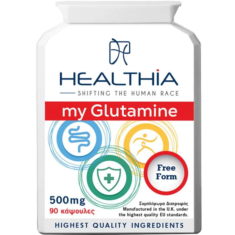 Healthia My Glutamine 500mg Συμπλήρωμα Διατροφής Αμινοξέος Γλουταμίνης Κατά Εντερικών Φλεγμονών για Μυϊκή Αποκατάσταση & Υποστήριξη του Νευρικού Συστήματος 90caps
