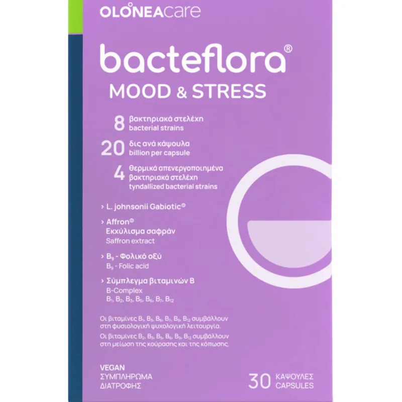 Olonea Bacteflora Mood & Stress Συμπλήρωμα Διατροφής με Ψυχοβιοτικά, Μεταβιοτικά, Εκχύλισμα Σαφράν & Βιταμίνες Συμπλέγματος Β για την Υποστήριξη της Συναισθηματικής Ισορροπίας & τη Μείωση του Άγχους 30caps