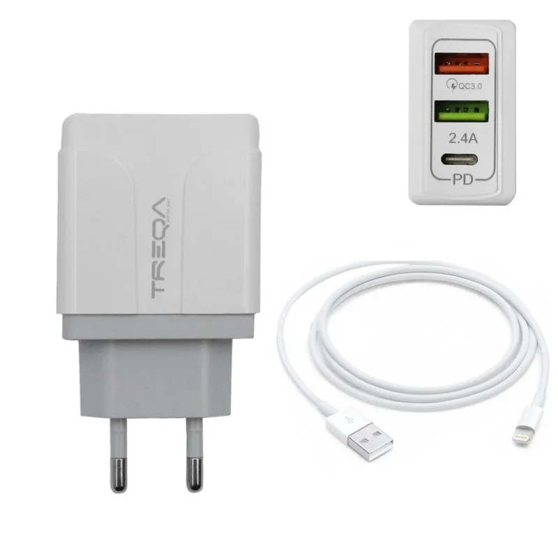 Φορτιστής Ταχείας Φόρτισης με 2 Θύρες USB 5.4A, 1 θύρα USB-C PD 38W και Καλώδιο Lightning 1m Treqa CH-640-L Λευκό