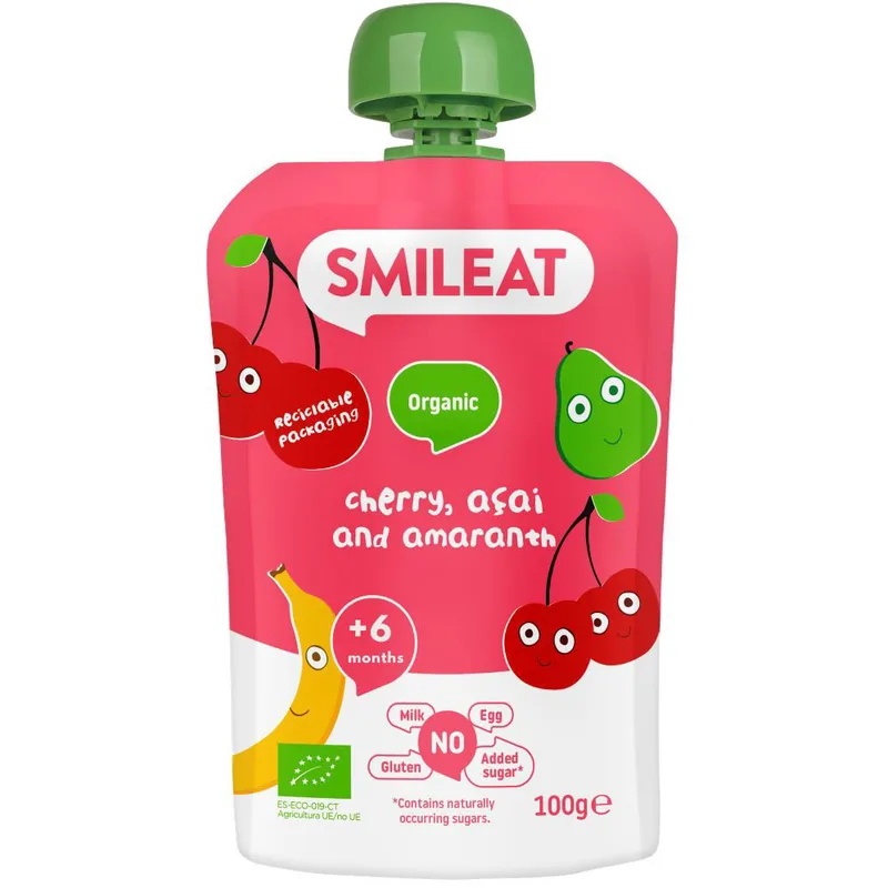 Smileat Organic Cherry, Acai & Amaranth Pouch 6m+, Βιολογικός Πουρές Φρούτων σε Pouch, Κεράσι Acai & Αμάρανθο, Χωρίς Γλουτένη, Χωρίς Προσθήκη Ζάχαρης, από τον 6ο Μήνα 100gr