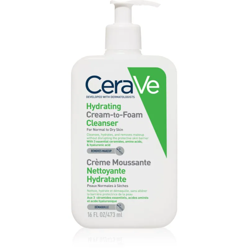 CeraVe Cleansers Hydrating Cream-to-Foam Cleanser καθαριστική αφρώδης κρέμα για κανονική έως ξηρή επιδερμίδα 473 ml