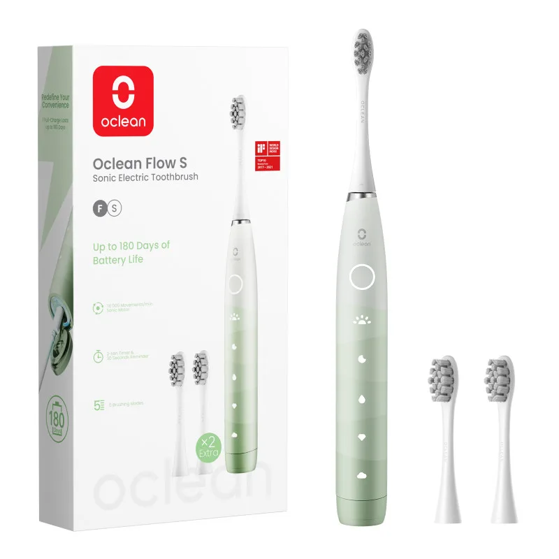 Ηλεκτρική οδοντόβουρτσα Oclean Flow S, 1.85W, 76000 rpm, 5 λειτουργίες, Χρονοδιακόπτης, Αυτονομία έως 180 ημέρες, Τύπος-C, Αντιβακτηριακή επιφάνεια, Πράσινο