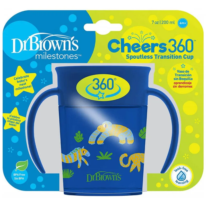 Dr Brown's Milestones Cheers 360 Spoutless Transition Cup Κύπελλο Εκπαίδευσης με Λαβές & Σύστημα Κατά των Διαρροών 6m+, 200ml, Κωδ TC71006 - Μπλε