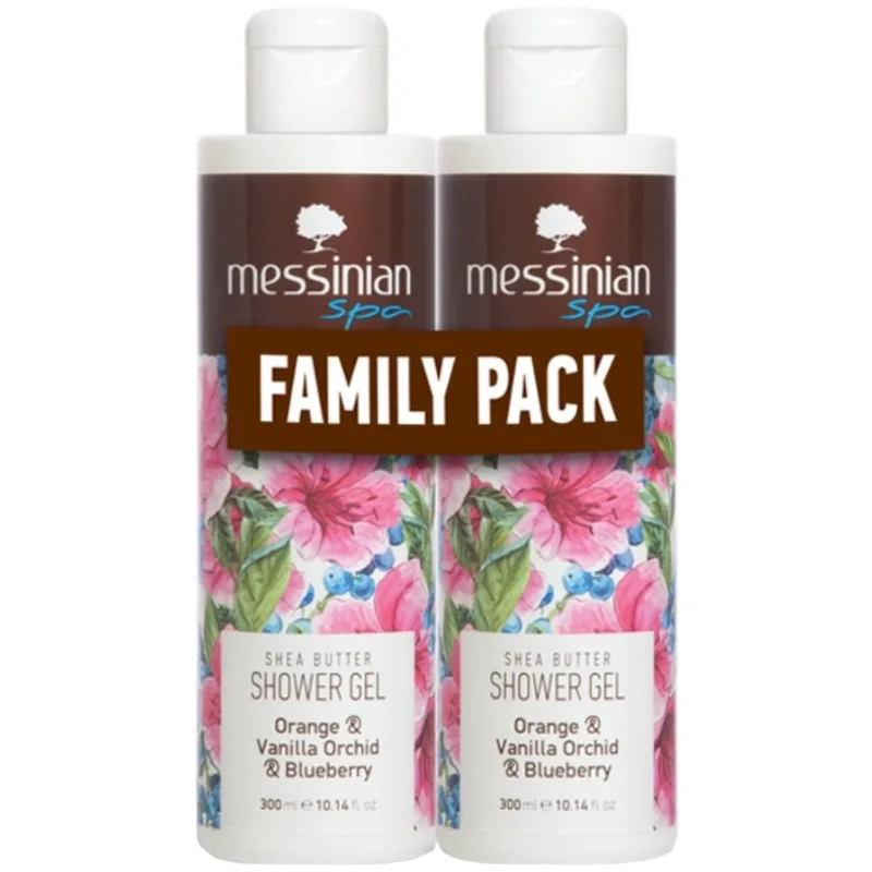 Messinian Spa Promo Shea Butter, Πορτοκαλί, Vanilla Orchid & Blueberry Shower Gel Ενυδατικό Αφρόλουτρο με Άρωμα Πορτοκάλι, Βανίλια, Ορχιδέα & Μύρτιλο για Καθημερινή Χρήση 600ml (2x300ml)