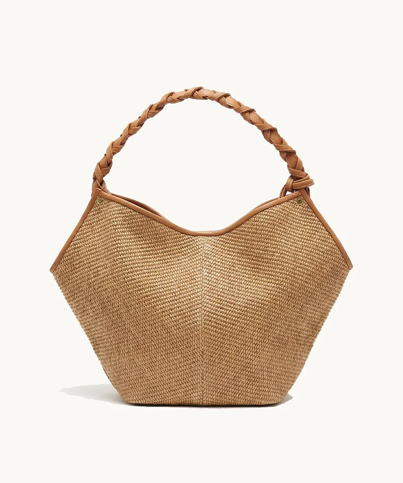 Bonendis Helena Small in Raffia & Tabac Leather Πούρου