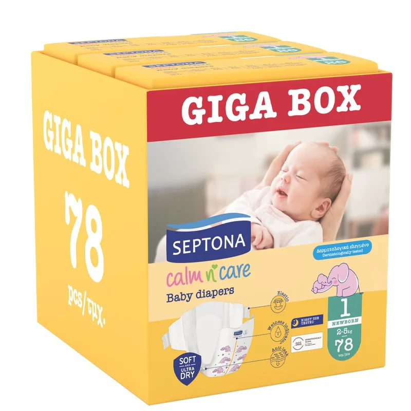 Septona Calm n' Care Baby Diapers Giga Box Newborn No1 (2-5kg) 78 Τεμάχια (3x26 Τεμάχια)