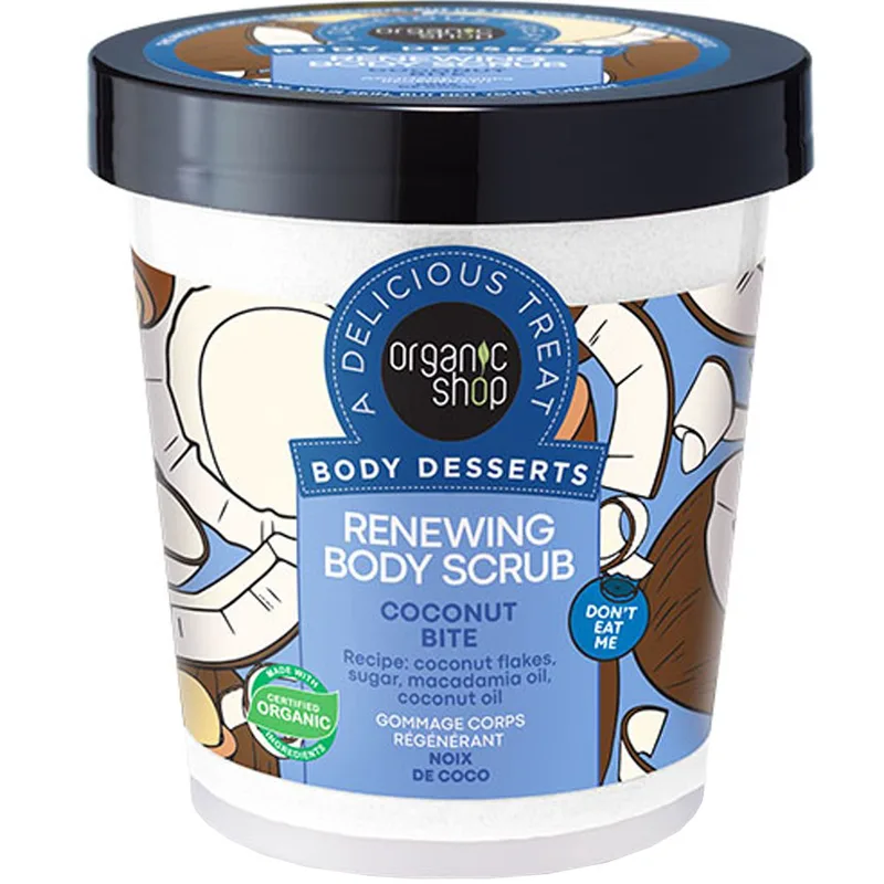 Organic Shop Body Desserts Coconut Bite Renewing Body Scrub Απολεπιστικό Σώματος Ανανέωσης με Νιφάδες Καρύδας & Ζάχαρης για Ελαστικό & Μεταξένιο Δέρμα 450ml