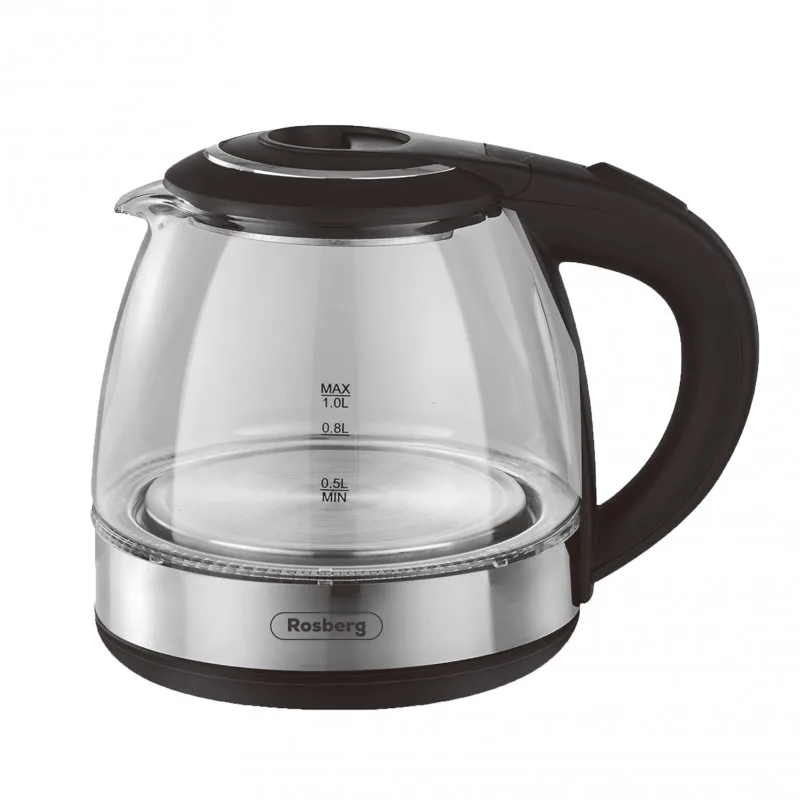 Βραστήρας Rosberg R51230Q, 1500W, 1 L, Γυάλινος, Αυτόματη διακοπή λειτουργίας, Ασημί/Μαύρο