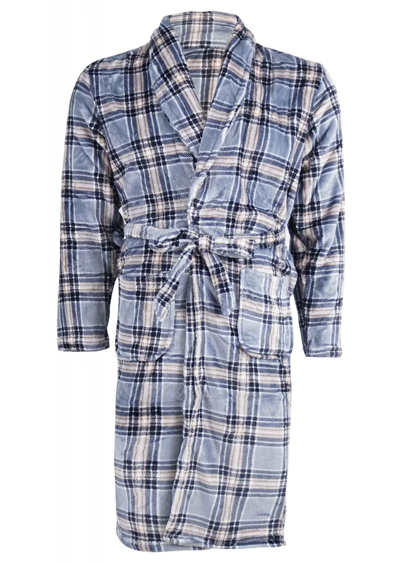 Ανδρική fleece ρόμπα τσέπες all print καρό. Homewear Collection ΓΚΡΙ