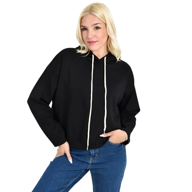 Γυναικείο Cropped Hoodie με εκρού Κορδόνια Μαύρο 27077