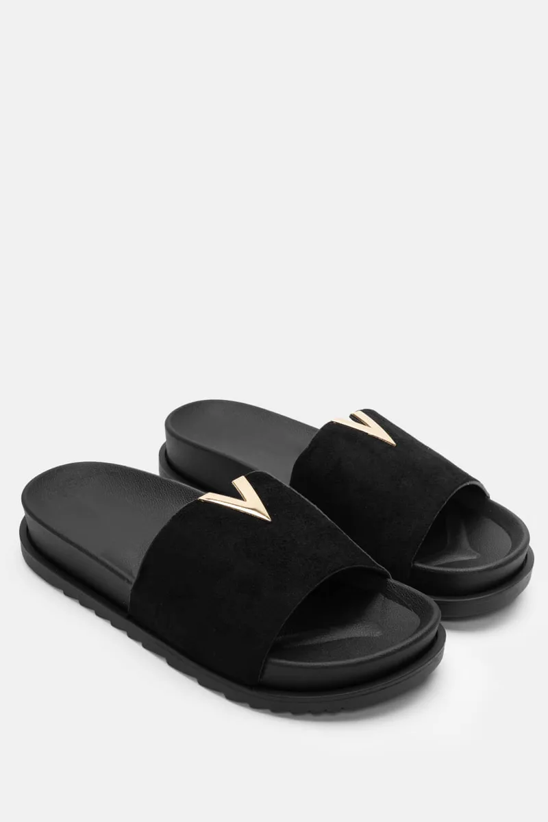 Flatform Σανδάλια με Μεταλλική Λεπτομέρεια V - Μαύρο