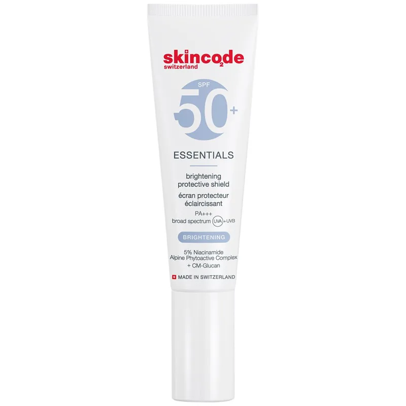 Skincode Essentials Brightening Protective Shield Λεπτόρρευστη Αντηλιακή Κρέμα Προσώπου Πολύ Υψηλής Προστασίας Κατά των Καφέ Κηλίδων & του Αποχρωματισμού Spf50+, 30ml