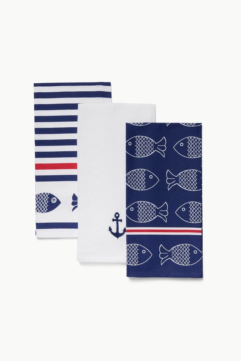 Coincasa σετ βαμβακερές πετσέτες κουζίνας με navy print (3 τεμάχια) - 006812902 Λευκό - Μπλε