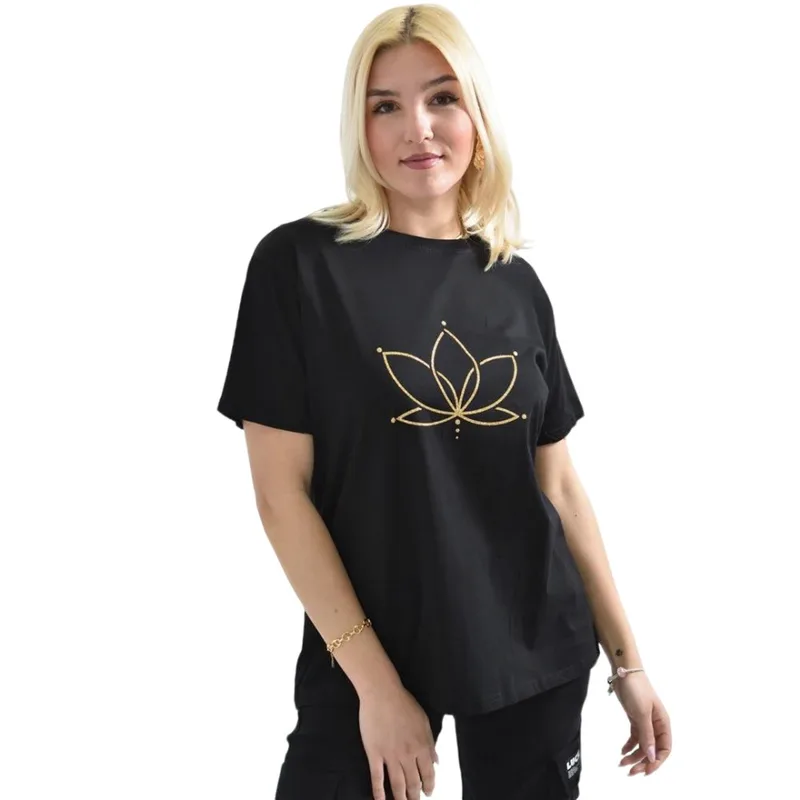 Γυναικείο T-shirt με χρυσό τύπωμα νούφαρο Μαύρο 26380