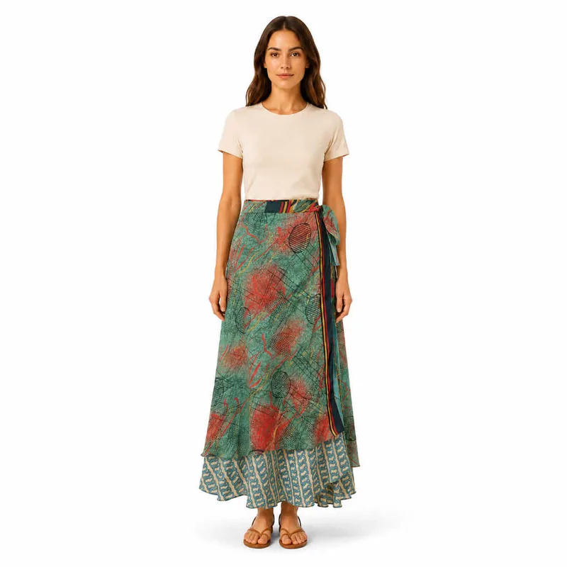 Μακριά Φούστα Boho με Εμπριμέ Σχέδια Πράσινο 27514