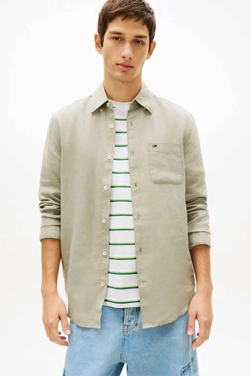 Tommy Jeans ανδρικό πουκάμισο λινό με λογότυπο Regular Fit - DM0DM22760 Πράσινο Μέντας