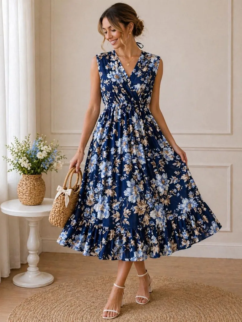Γυναικείο Midi Φόρεμα Floral Με V Λαιμόκοψη – Αέρινο Καλοκαιρινό Φόρεμα Σε Μπλε | Dress Up Μπλε