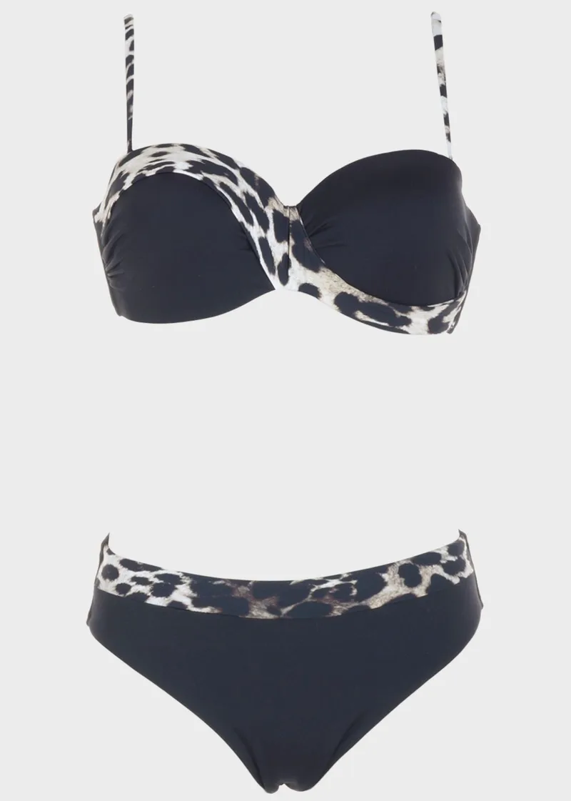 Set bikini strapless με λεπτομέρειες animal print. Kαλύπτει C Cup ΜΑΥΡΟ