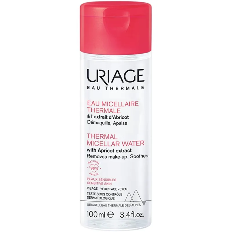 Uriage Thermal Micellar Water with Apricot Extract Travel Size Ιαματικό Μικυλλιακό Νερό για Ντεμακιγιάζ με Βερίκοκο, Κατάλληλο για Ευαίσθητες Επιδερμίδες 100ml
