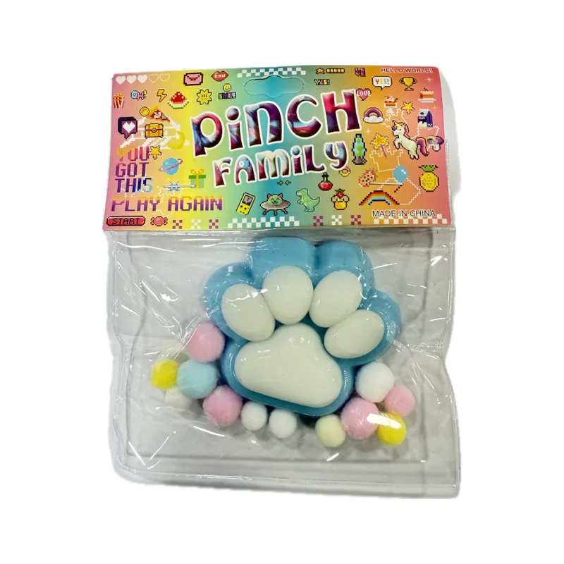 Antistress Pinch Family Squishy Πατούσα Δίχρωμη με Pon Pon 6cm Γαλάζια