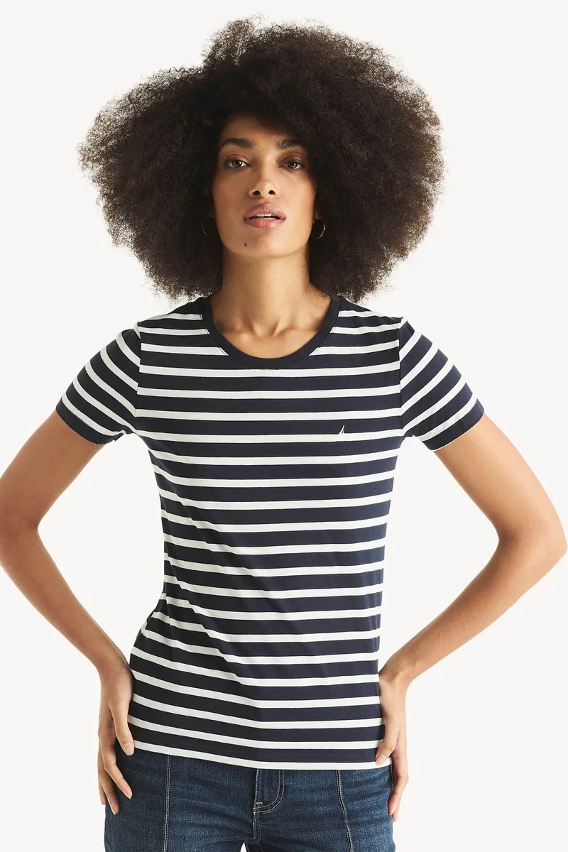 Nautica γυναικείο T-shirt με ριγέ σχέδιο και κεντημένο λογότυπο Classic Fit - 37V010 Μπλε Σκούρο