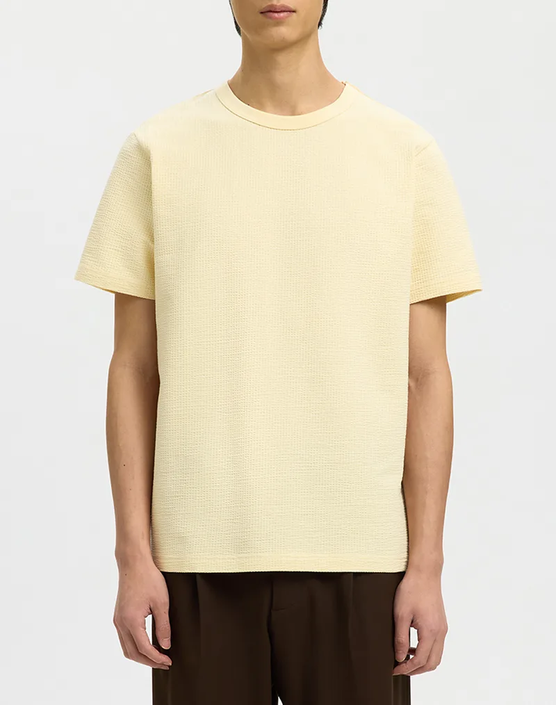 SELECTED SLMSANDER SEERSUCKER SS O-NECK TEE 16092769-ANGORA LightYellow