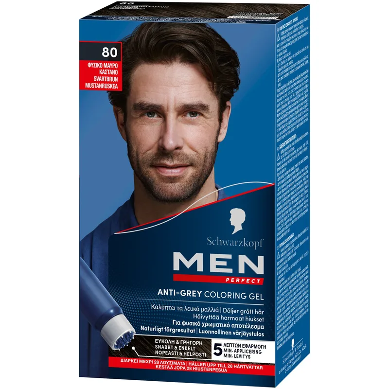 Schwarzkopf Men Perfect Anti-Grey Coloring Gel Τζελ Μαλλιών με Χρώμα για την Κάλυψη των Λευκών με Φυσικό Χρωματικό Αποτέλεσμα - N80 Φυσικό Μαύρο Καστανό