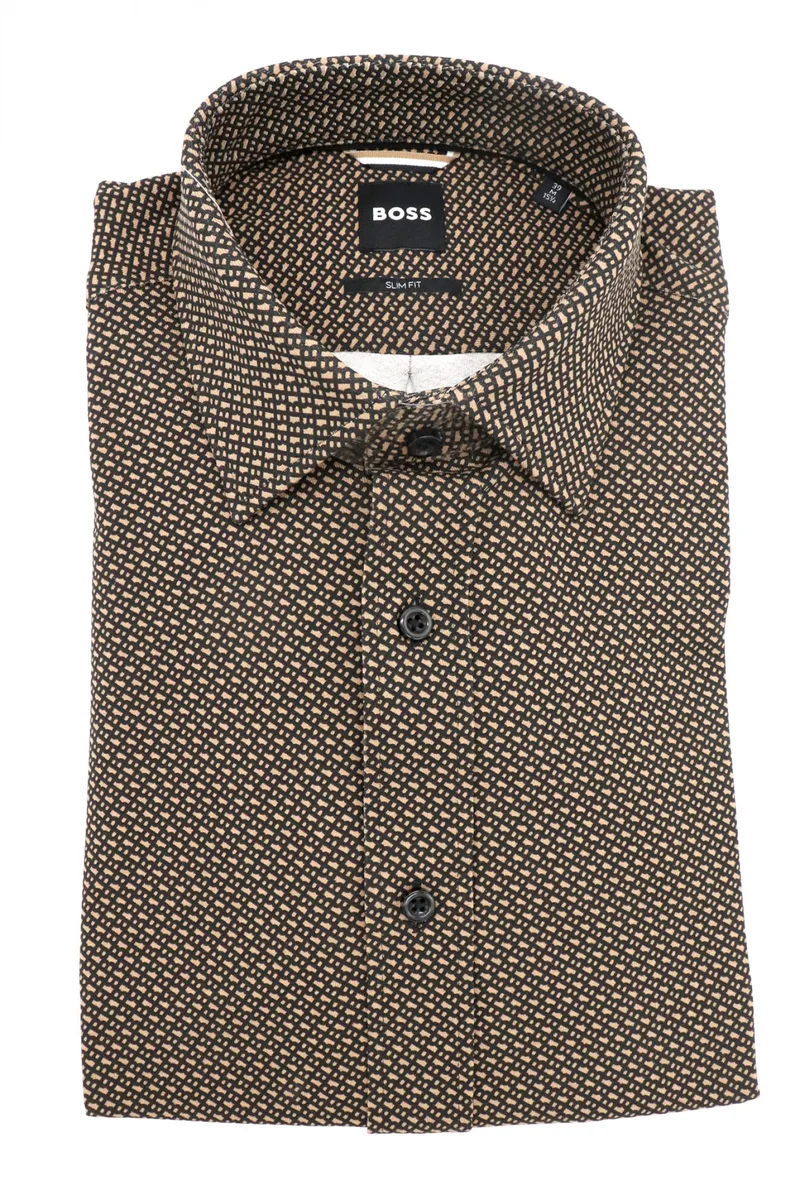 BOSS ΠΟΥΚΑΜΙΣΟ ALL OVER LOGO SLIM FIT JERSEY C-HANK-KENT-C1-253 ΜΠΕΖ-ΚΑΦΕ
