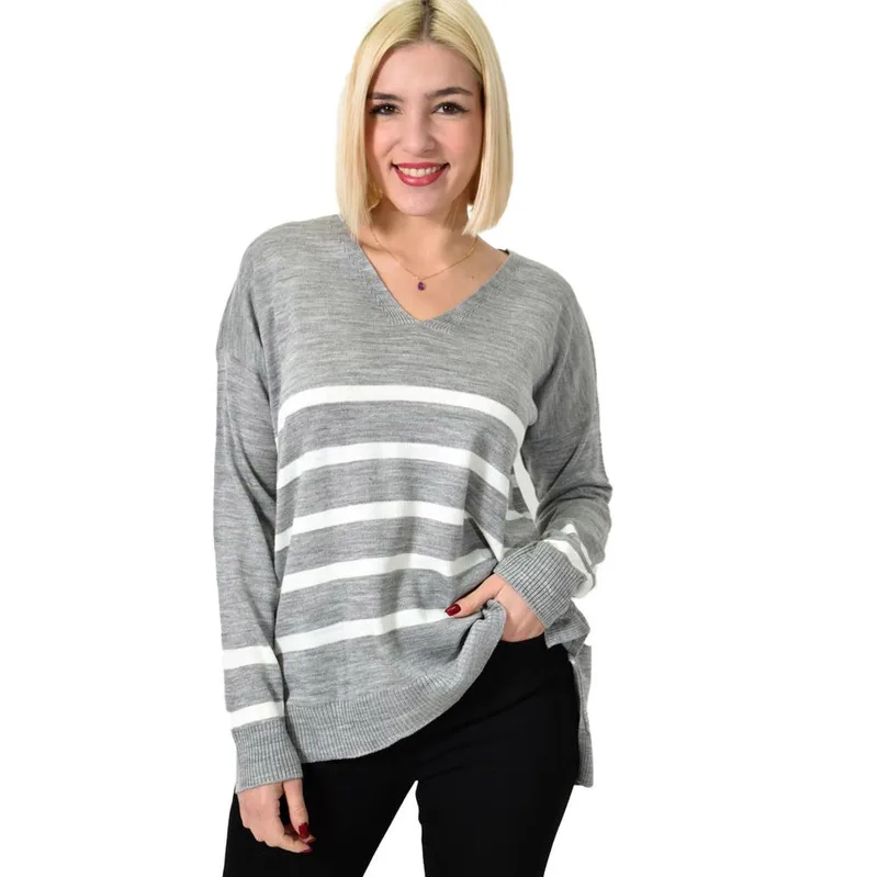 Πλεκτή μπλούζα ριγέ oversized Γκρι 17456