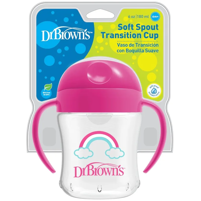 Dr. Brown's Soft Spout Transition Cup Εκπαιδευτικό Κύπελλο με Λαβές & Μαλακό Στόμιο 6m+, 180ml, Κωδ TC61003 - Ροζ
