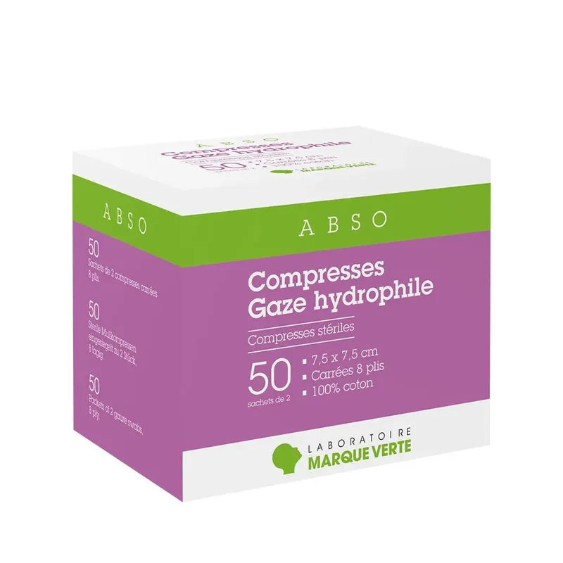 Marque Verte Abso Hydrophilic gauze tablets 7.5x7.5cm x50 sachets of 2