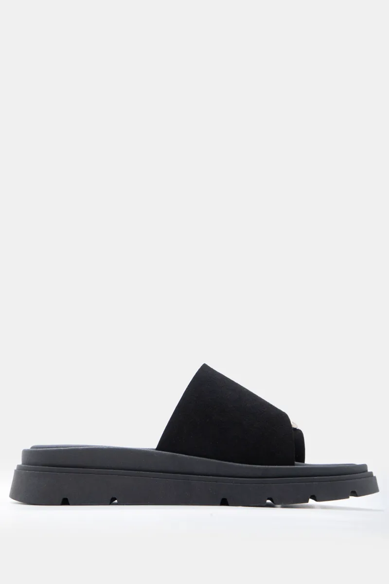 LUIGI DESIGN - Δερμάτινα Σανδάλια Flatform με Φαρδιά Φάσα & Μεταλλική Λεπτομέρεια - Μαύρο