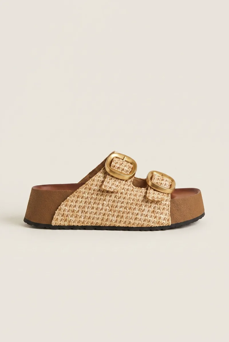 ATENEO Flatform Sandals Buckle Detail - 57001 - Μπεζ Raffia