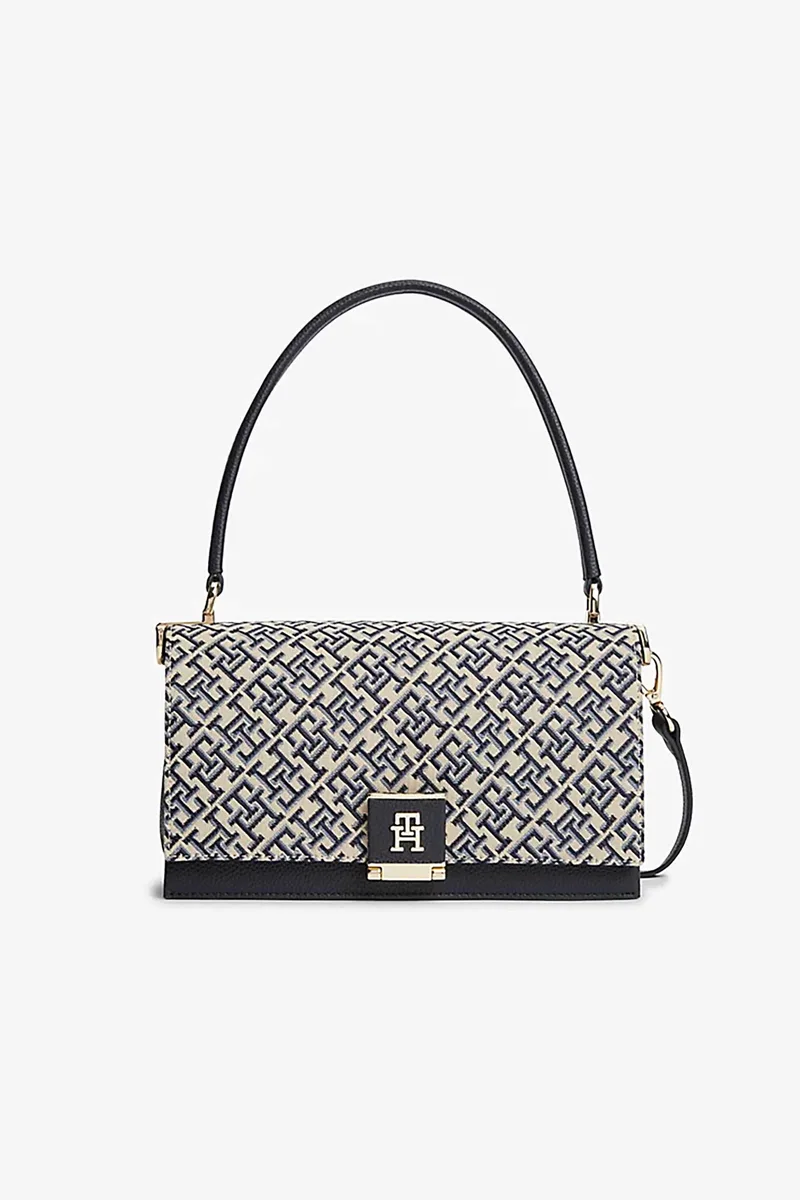Tommy Hilfiger γυναικεία τσάντα crossbody/χειρός με μεταλλικό monogram και all-over logo print "TH Her" - AW0AW18638 Σκούρο Μπλε
