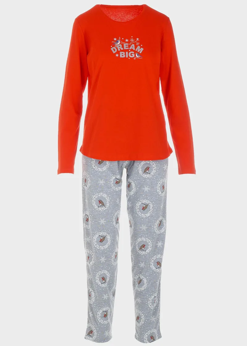 Γυναικεία πιτζάμα Vienetta "Dream Big" all print παντελόνι.Ηοmewear Collection ΚΟΚΚΙΝΟ