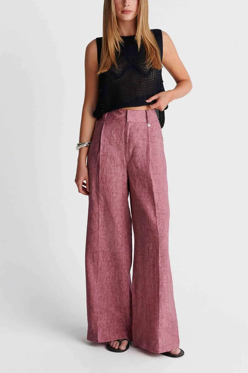 'ALE γυναικείο λινό παντελόνι Wide Leg - 8923189 Κόκκινο