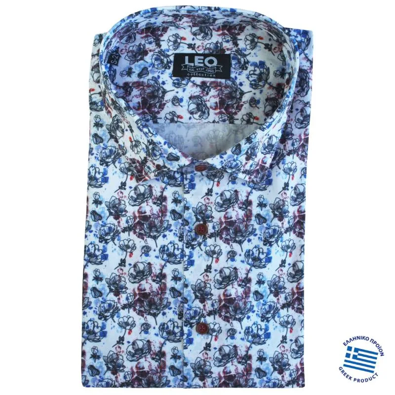 Digital print ελαστικό κοντομάνικο πουκάμισο "Cotton Blossom",by Leo Collection - Faded Violet
