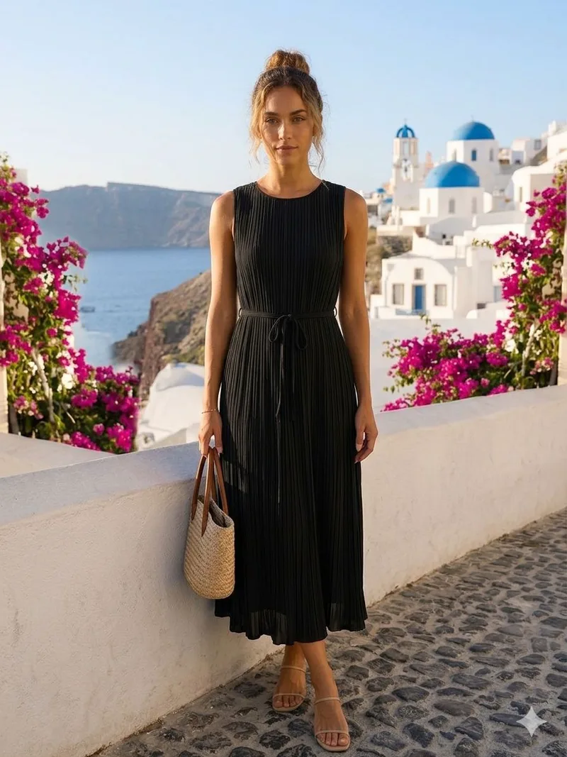 Πλισέ Midi Φόρεμα με Ζώνη – Μαύρο | Dress Up Μαύρο