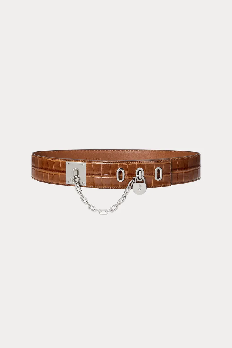 Lauren Ralph Lauren γυναικεία δερμάτινη ζώνη με croco print και chain padlock - 412945226003 Καφέ