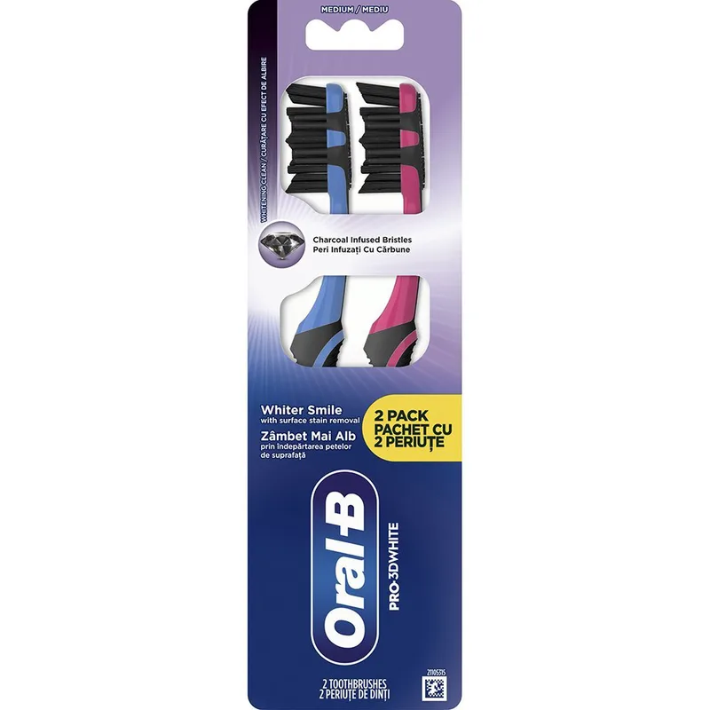 Oral-B Promo Pro 3D White Charcoal Medium Toothbrush Χειροκίνητη Οδοντόβουρτσα με Μεσαίας Σκληρότητας Ίνες για Βαθύ Καθαρισμό & Λεύκανση με Ίνες από Ενεργό Άνθρακα 2 Τεμάχια, Μπλε - Φούξια