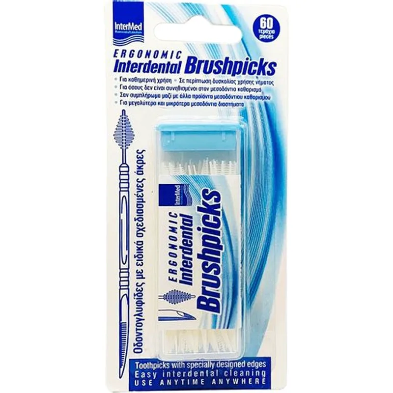 Intermed Ergonomic Interdental Brushpicks Οδοντογλυφίδες με Ειδικά Σχεδιασμένες Άκρες για την Απομάκρυνση Τροφών Χωρίς να Τραυματίζουν τα Ούλα 60 Τεμάχια