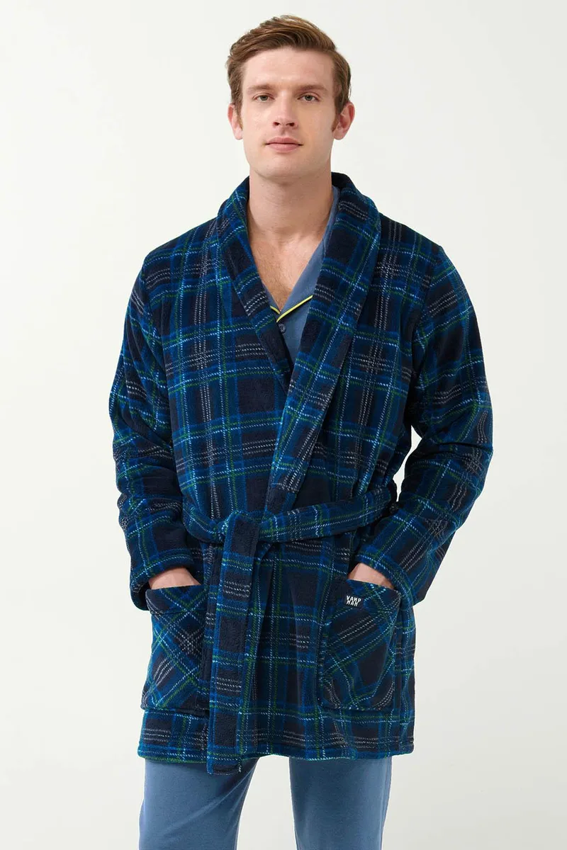 Vamp Σταυρωτή Fleece Ρόμπα με Ταρτάν Μοτίβο