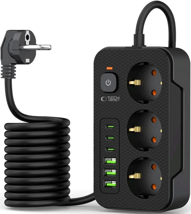 Tech-Protect PC3X6 Multi Plug Power Strip - Πολύπριζο με 3 x Υποδοχές AC 240V με Διακόπτη & Καλώδιο 200cm - 3 x USB-A / 3 x Type-C - 3.1A - Black (5906302310555)