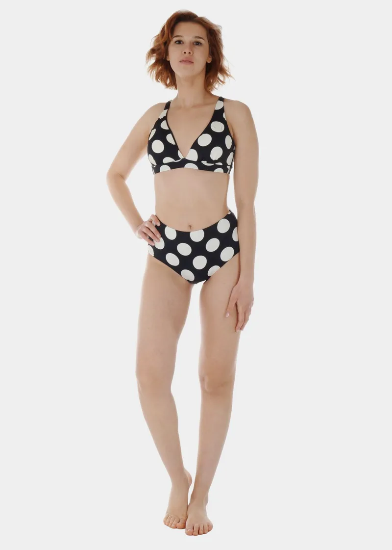 Γυναικείο σετ μαγιό bikini αποσπώμενη επένδυση all print pois slip ψηλόμεσο.Καλύπτει C-D CUP ΜΑΥΡΟ