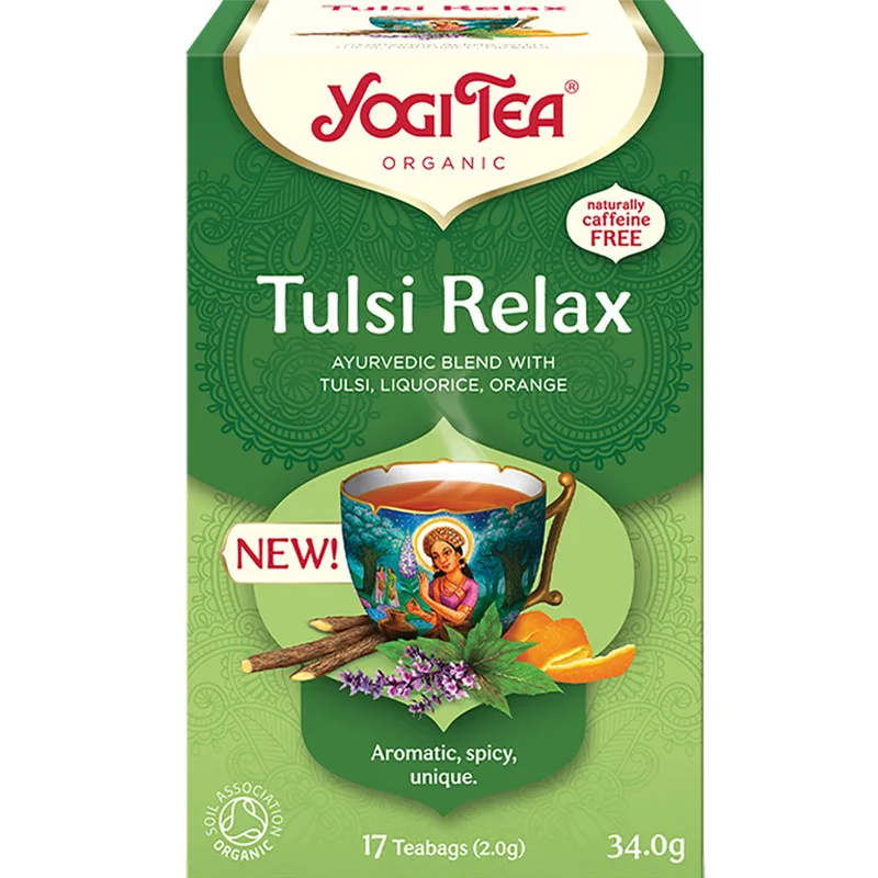 Yogi Tea Tulsi Relax Ρόφημα Βοτάνων με Βασιλικό Tulsi, Γλυκόριζα & Φλούδα Πορτοκαλιού για Στιγμές Χαλάρωσης & Ηρεμίας 17 Teabags (17 Φακελάκια x 2,0g)
