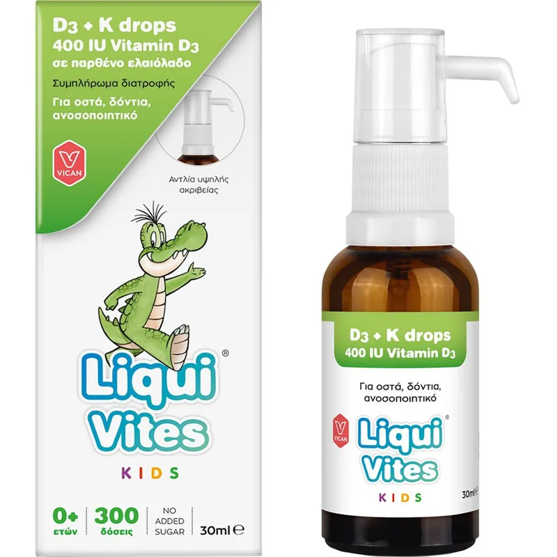 Vican Liqui Vites Kids Vitamin D3 + K Drops Συμπλήρωμα Διατροφής Βιταμίνης D3 & Κ για Ενίσχυση Ανοσοποιητικού, Υγιή Δόντια & Οστά σε Σταγόνες για Παιδιά & Βρέφη 30ml