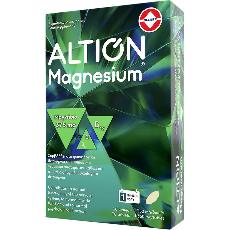 Altion Magnesium Συμπλήρωμα Διατροφής Μαγνησίου & Βιταμινών Β1, Β6 & Β12 για την Καλή Λειτουργιά του Μυϊκού & Νευρικού Συστήματος 375mg, 30tabs